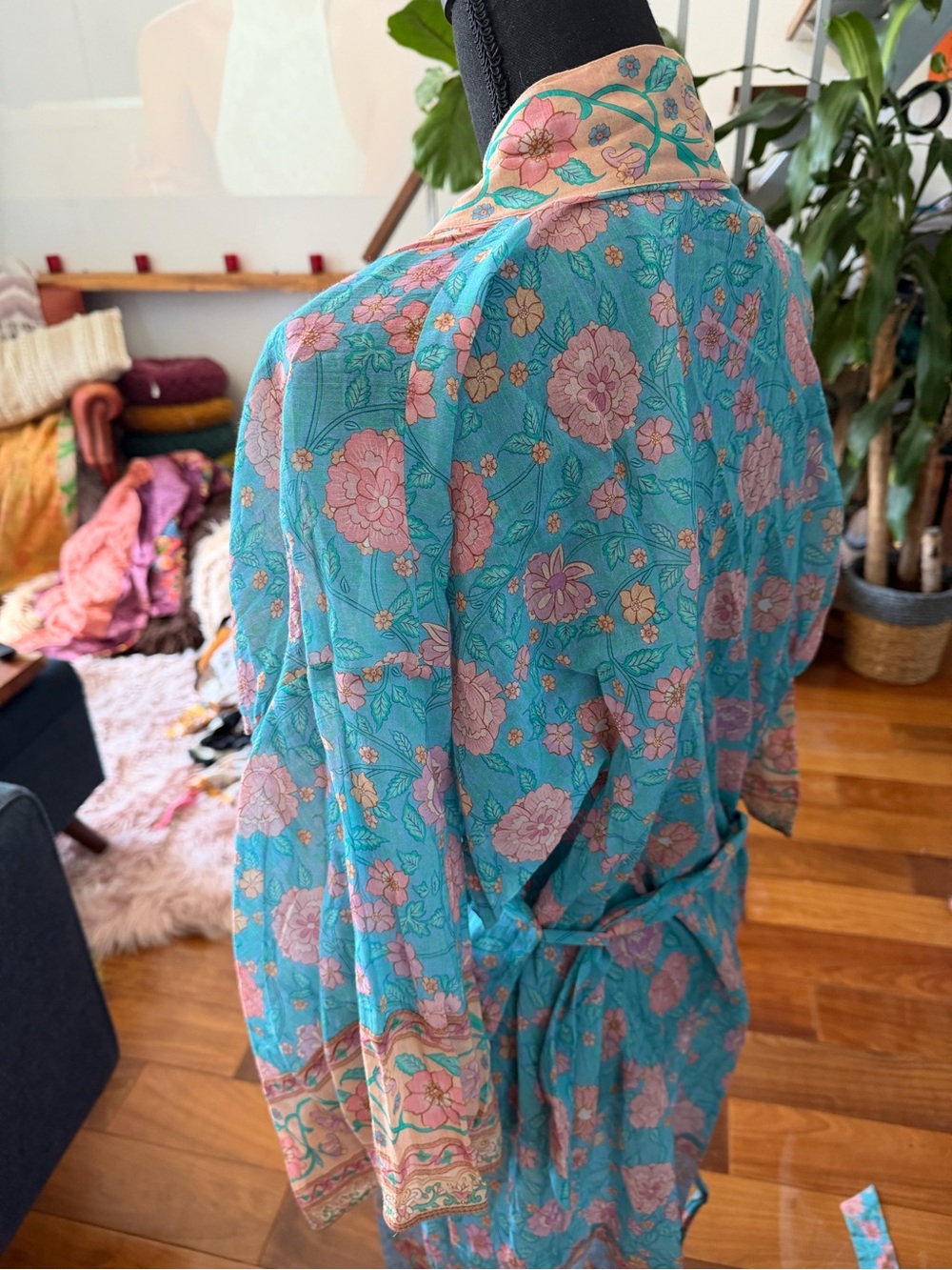 Spell Aqua Floral Cotton Kimono Robe with Pink Trim - Picture 2 of 2